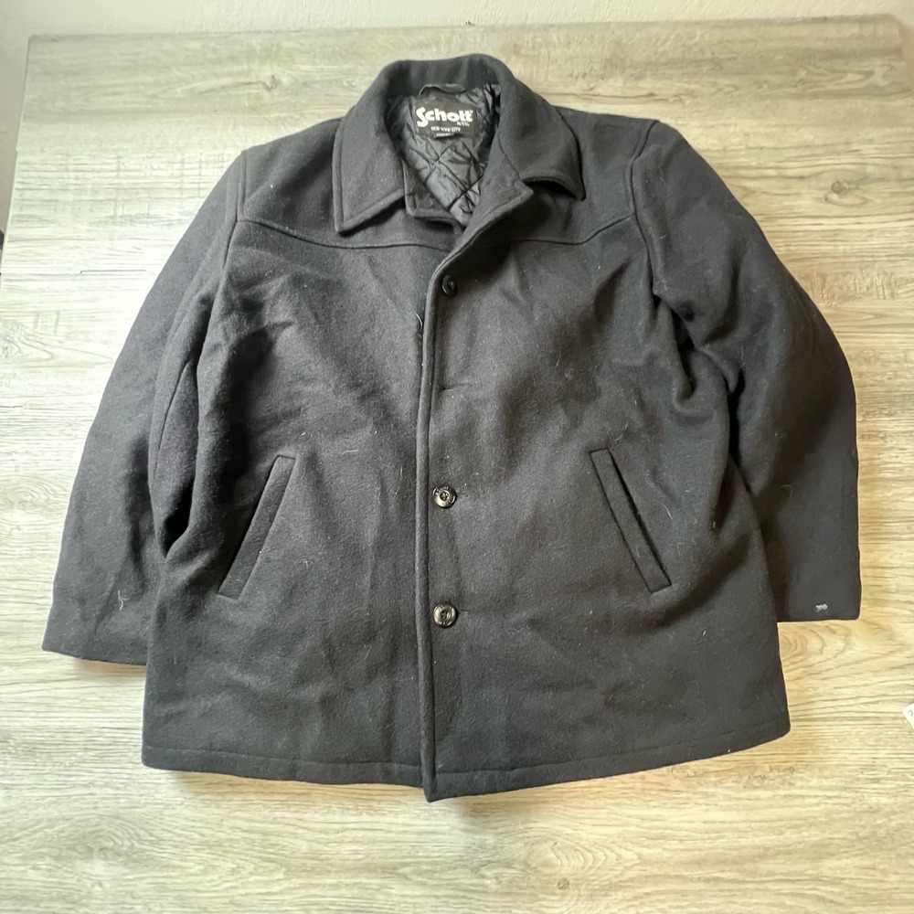 Schott NYC Car Coat Men XL Black Wool Blend Quilted Lining Button Front Jacket